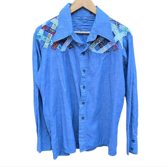 Vintage Blue Handmade Patchwork Buttondown Longsleeve Shirt - Picture 2 of 13